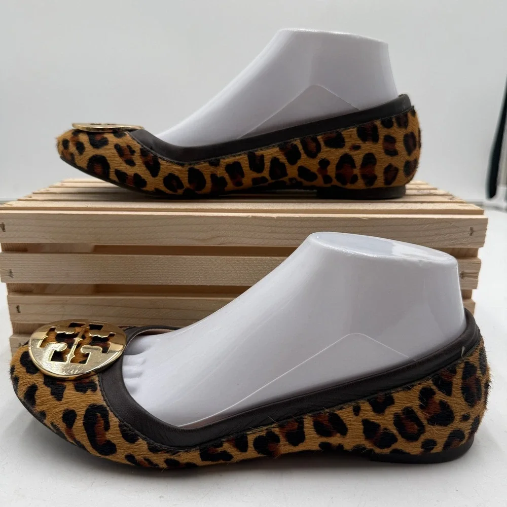 Tory Burch Ballet Flats Reva Calf Hair Leopard Print Brown Womens Size 7M